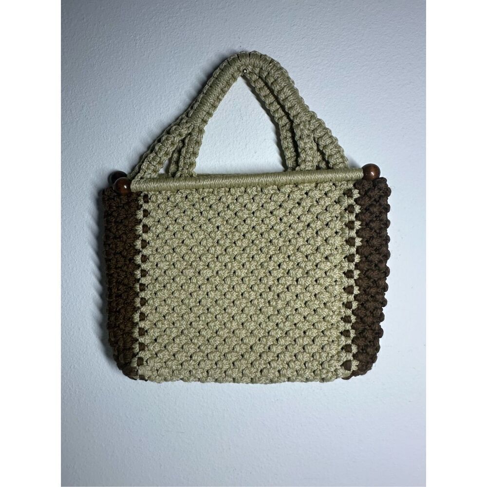 RARE VINTAGE CROCHET WOVEN PURSE BROY TAN EARTH TONES BOHO CHIC LINED PATCHWORK